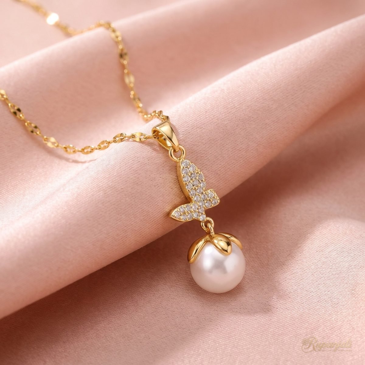 Butterfly Pearl Drop Necklace — Pave Wings on Lip Chain 4