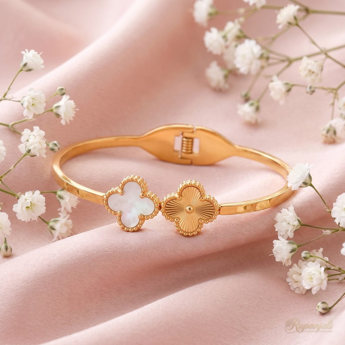 Gold Clover Bangle with Mother of Pearl — Spring Open Cuff 3