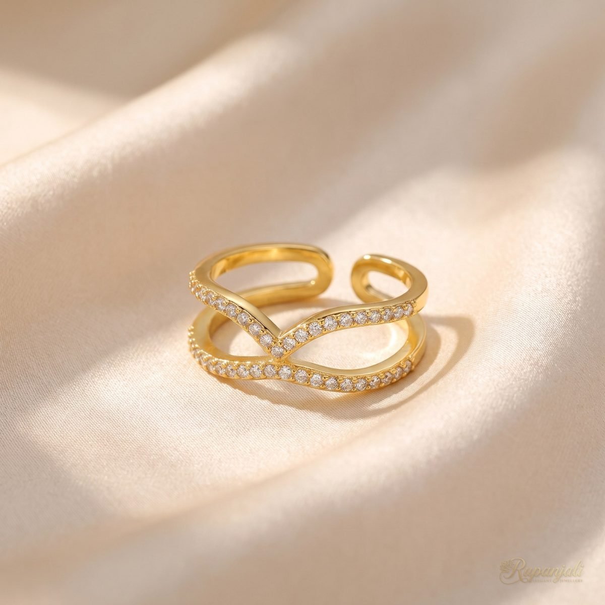 Wave Duet Ring — Double Band Pave Arc 1