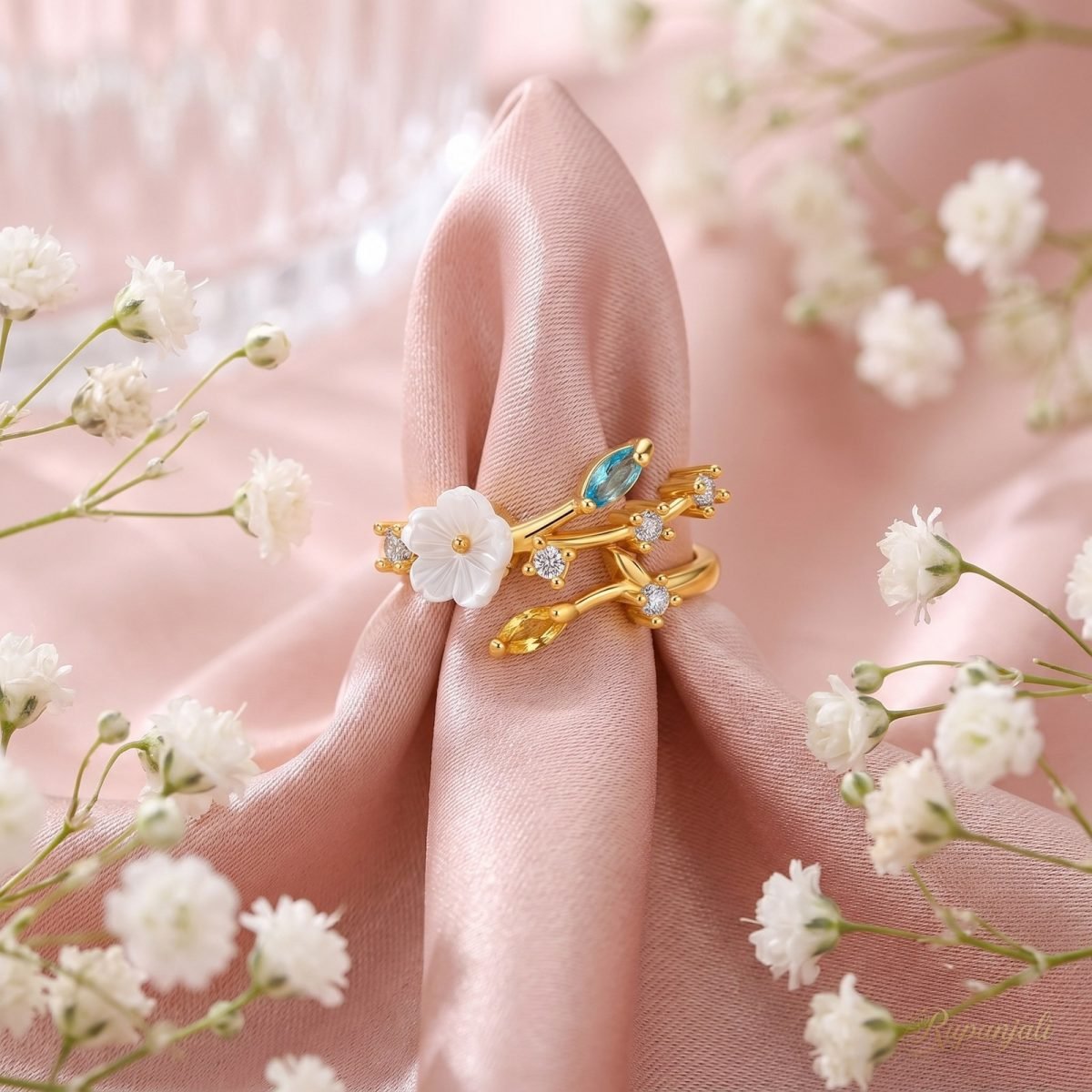 Blossom Vine Bypass Ring — Shell Flower & Marquise Buds 3