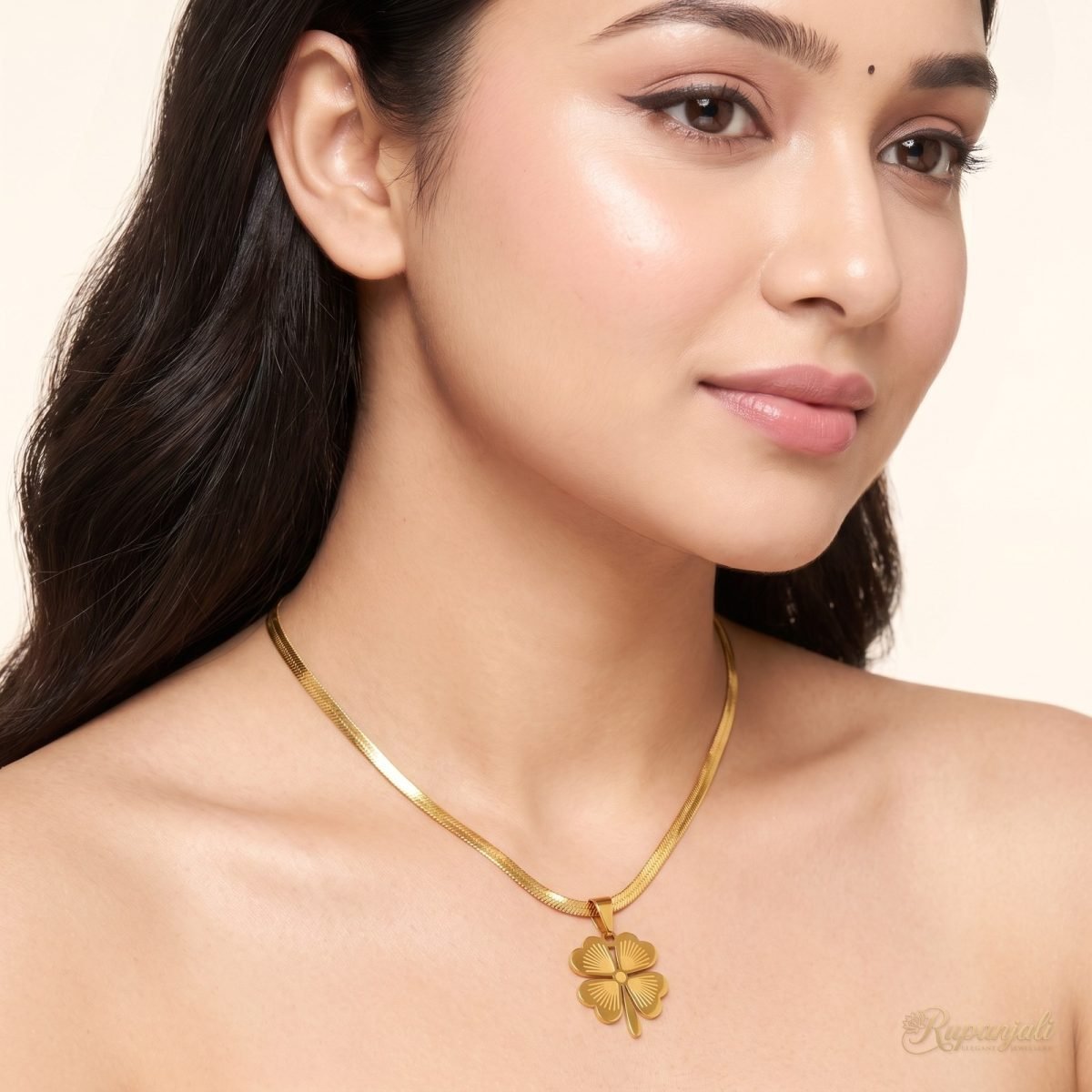 Lucky Four Leaf Clover Necklace — Herringbone Snake Chain 5