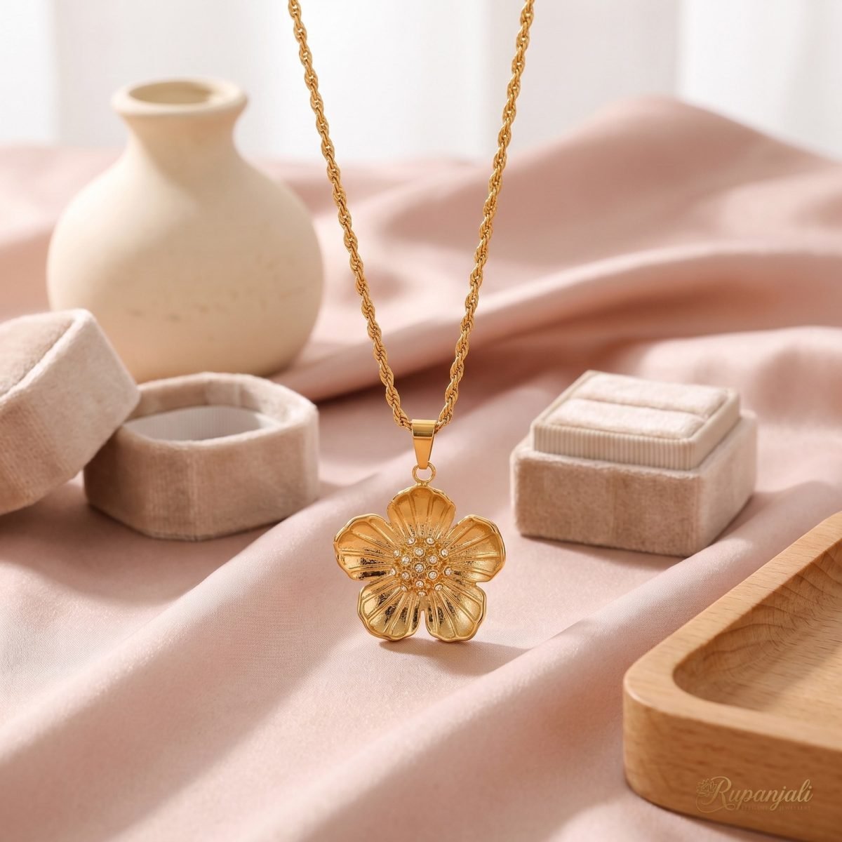Gold Flower Pendant Necklace with CZ on Rope Chain for Women 2