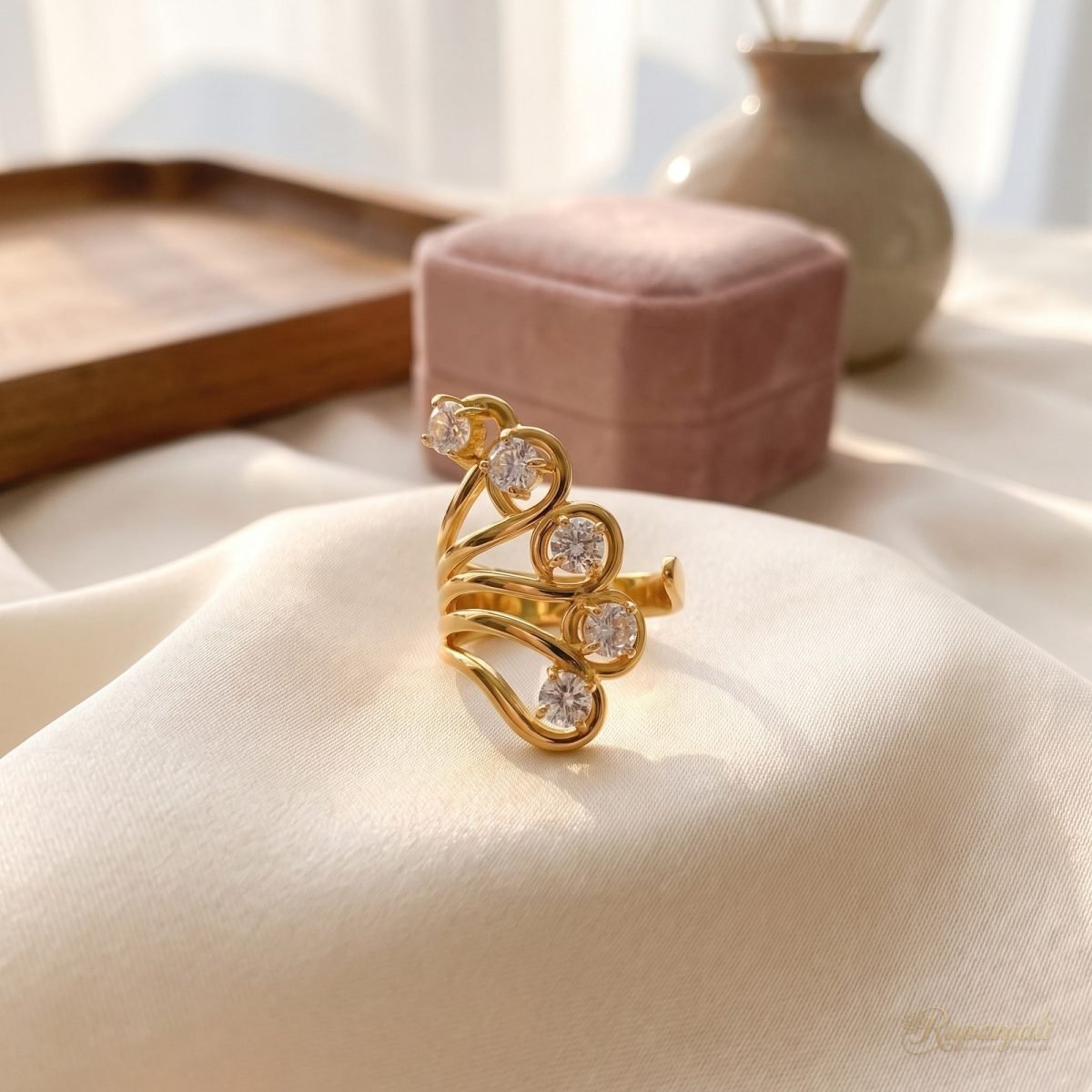 Swirl Zircon Statement Ring — Adjustable Gold Wave Design 2