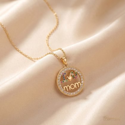 I Love You Mom Necklace — Pave Circle Medallion
