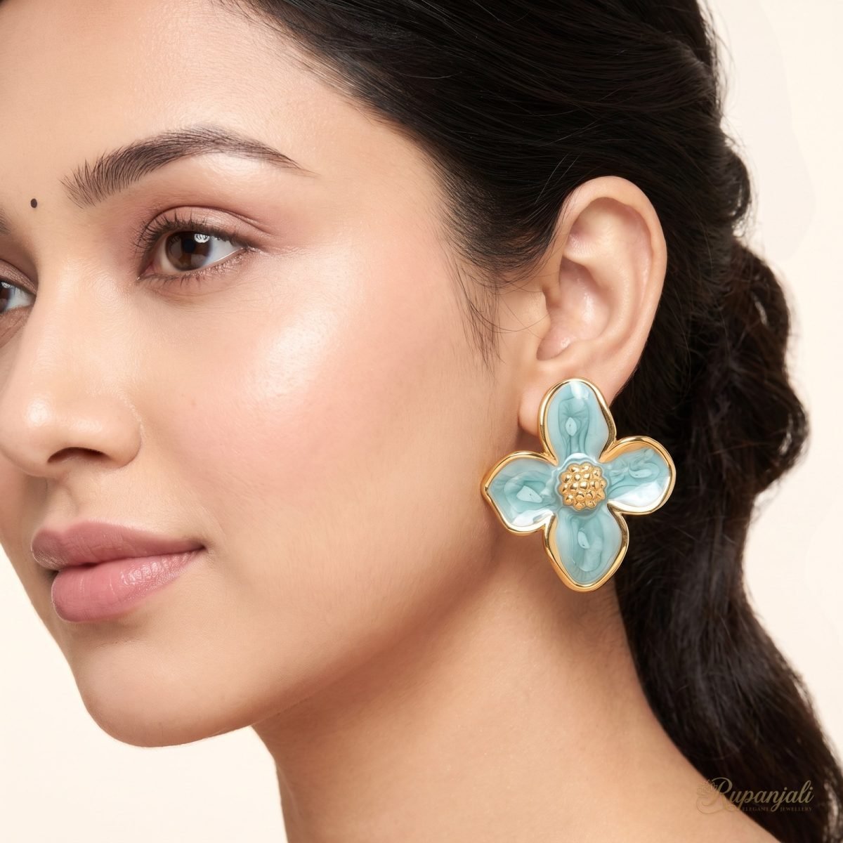 Aqua Enamel Flower Stud Earrings — Marbled Petals in Gold 5