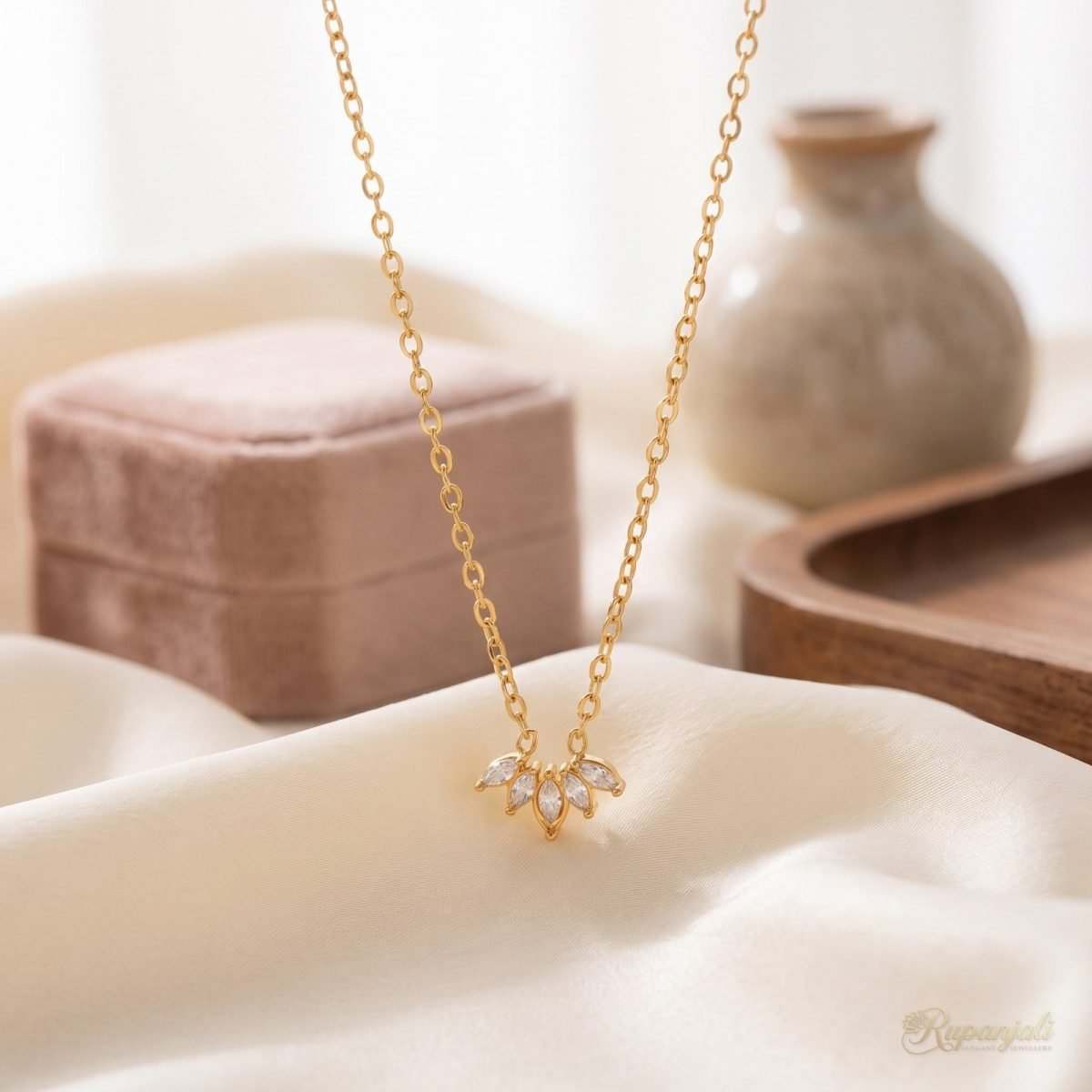 White Zircon Petal Necklace — Marquise Lotus Crown Pendant 2
