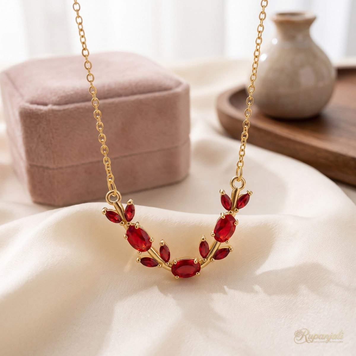 Gold Red Zircon Vine Necklace — Ruby-Red Leaf Garland 2