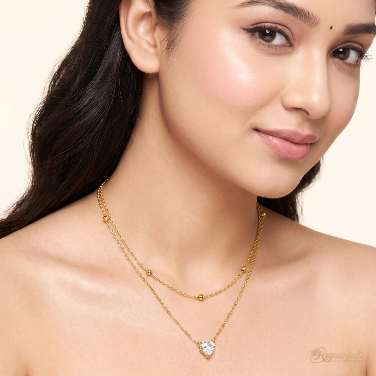 Heart Zircon Double Layer Necklace — Beaded Chain Stack 5