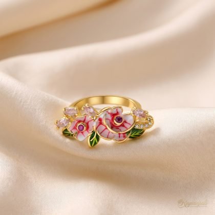 Enamel Rose Garden Ring — Striped Blooms & Pink Buds
