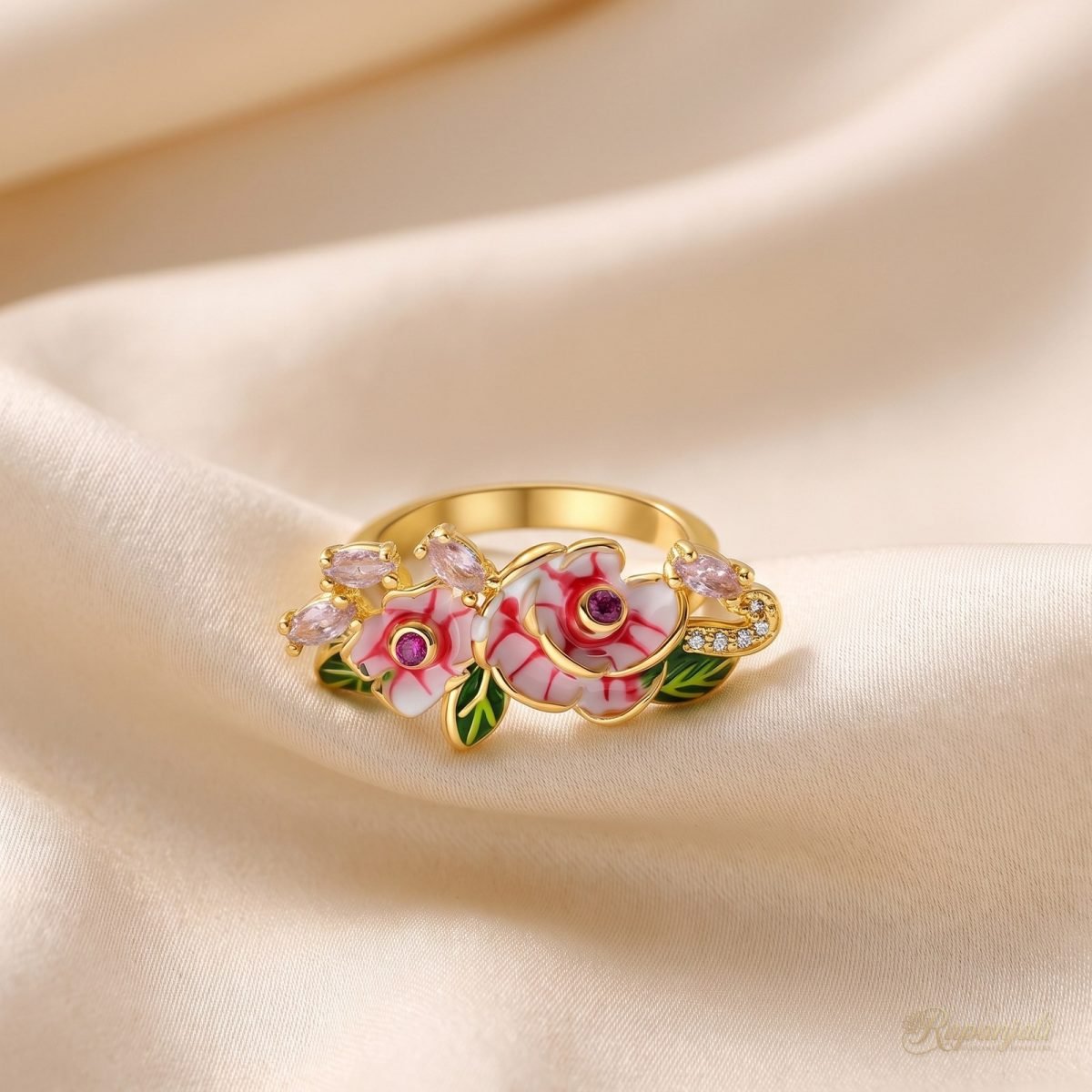 Enamel Rose Garden Ring — Striped Blooms & Pink Buds 1