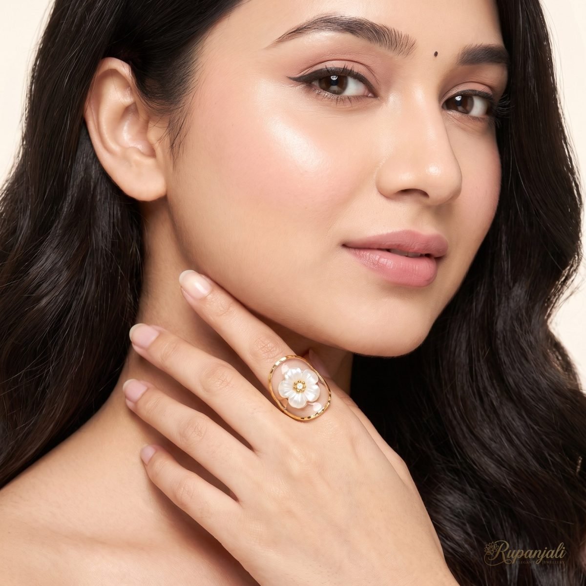 Gold Eternal Flower Ring — White Blossom on Crystal Disc 5