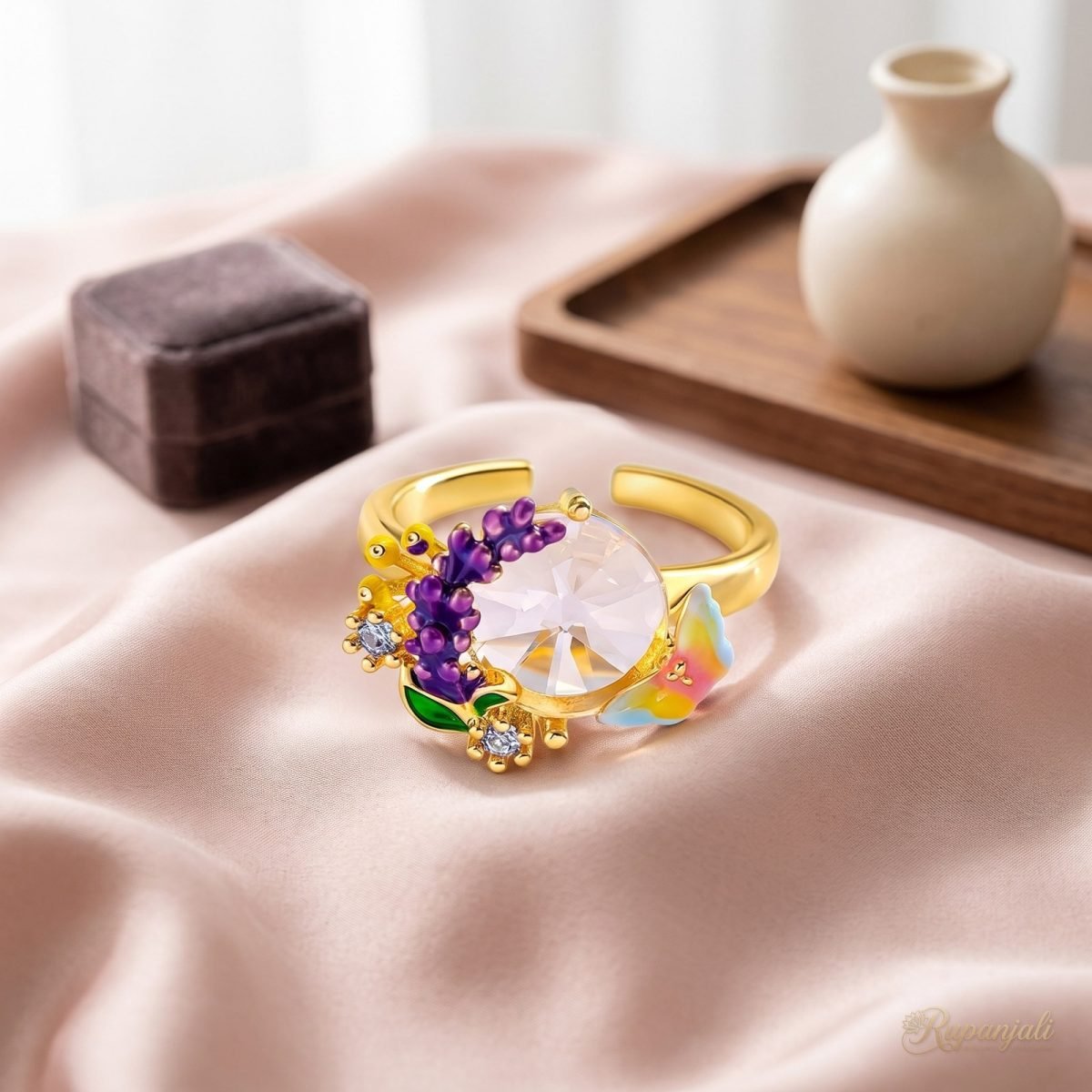 Lavender Sprig Crystal Ring — Enamel Garden & Butterfly 2
