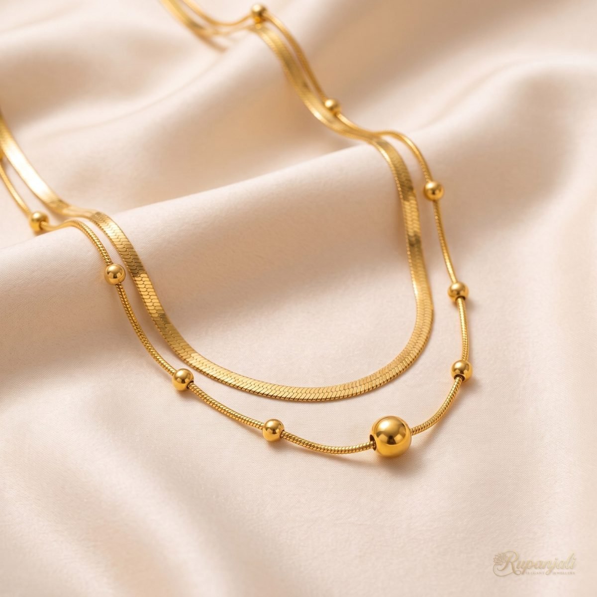 Double Layer Gold Necklace — Herringbone & Bead Snake Chain 1