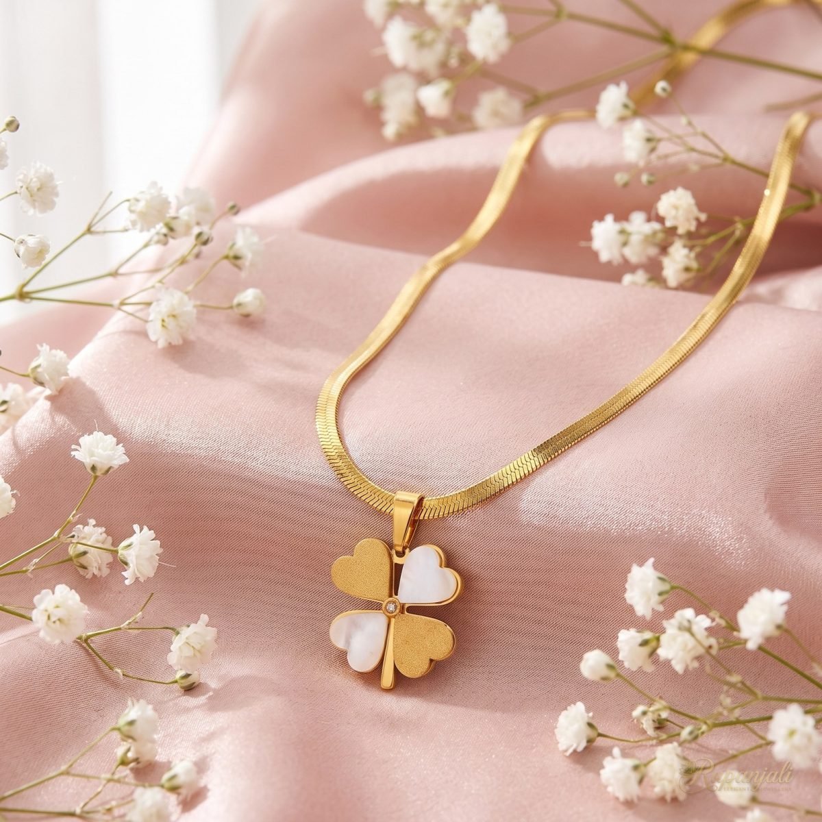 White Shell Clover Necklace — Gold Snake Chain 3
