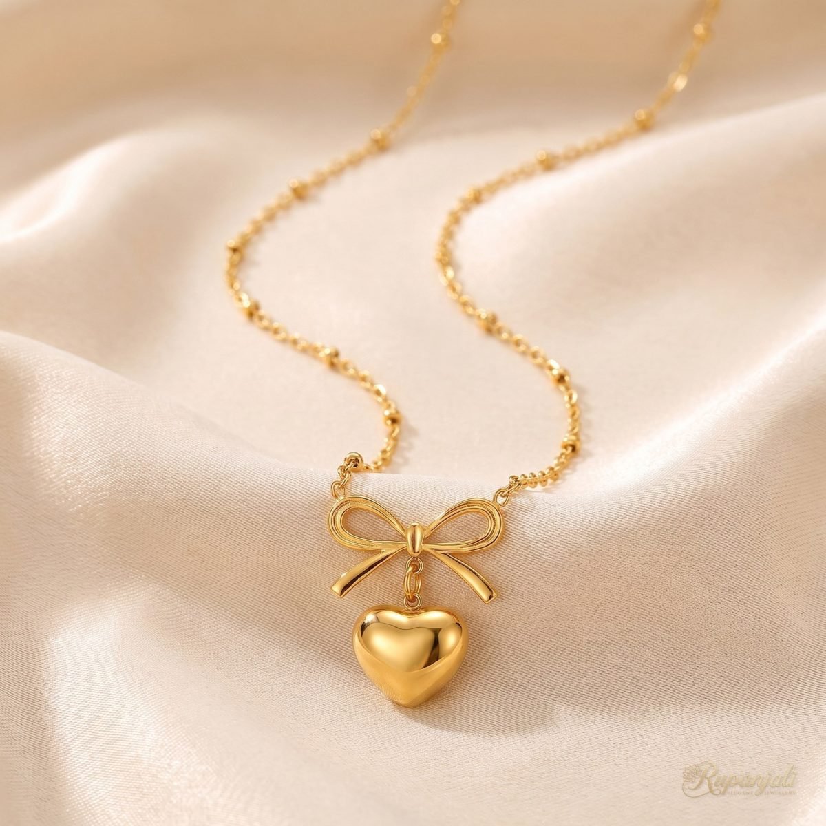 Bowknot Heart Pendant Necklace — Gold Ribbon Bow 1
