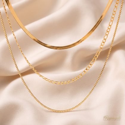 Gold Triple Layer Chain Necklace — Herringbone Figaro Box