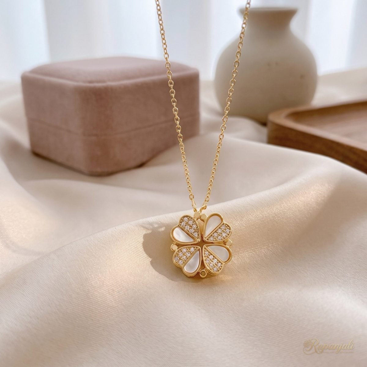 Dual Wear Heart Clover Necklace — Shell & Zircon Hearts 2