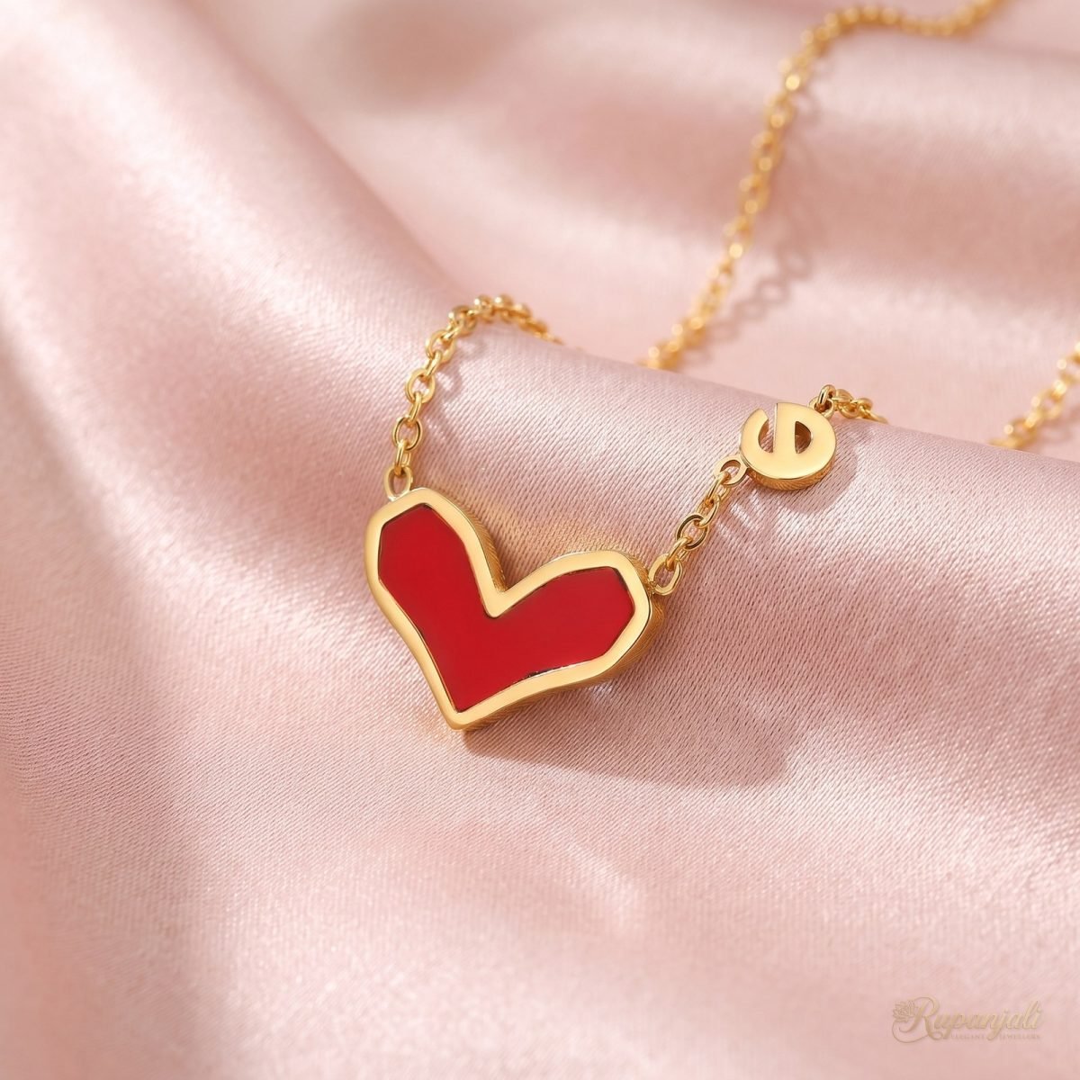 Red Heart Enamel Necklace — Gold Rim with Disc Charm 4