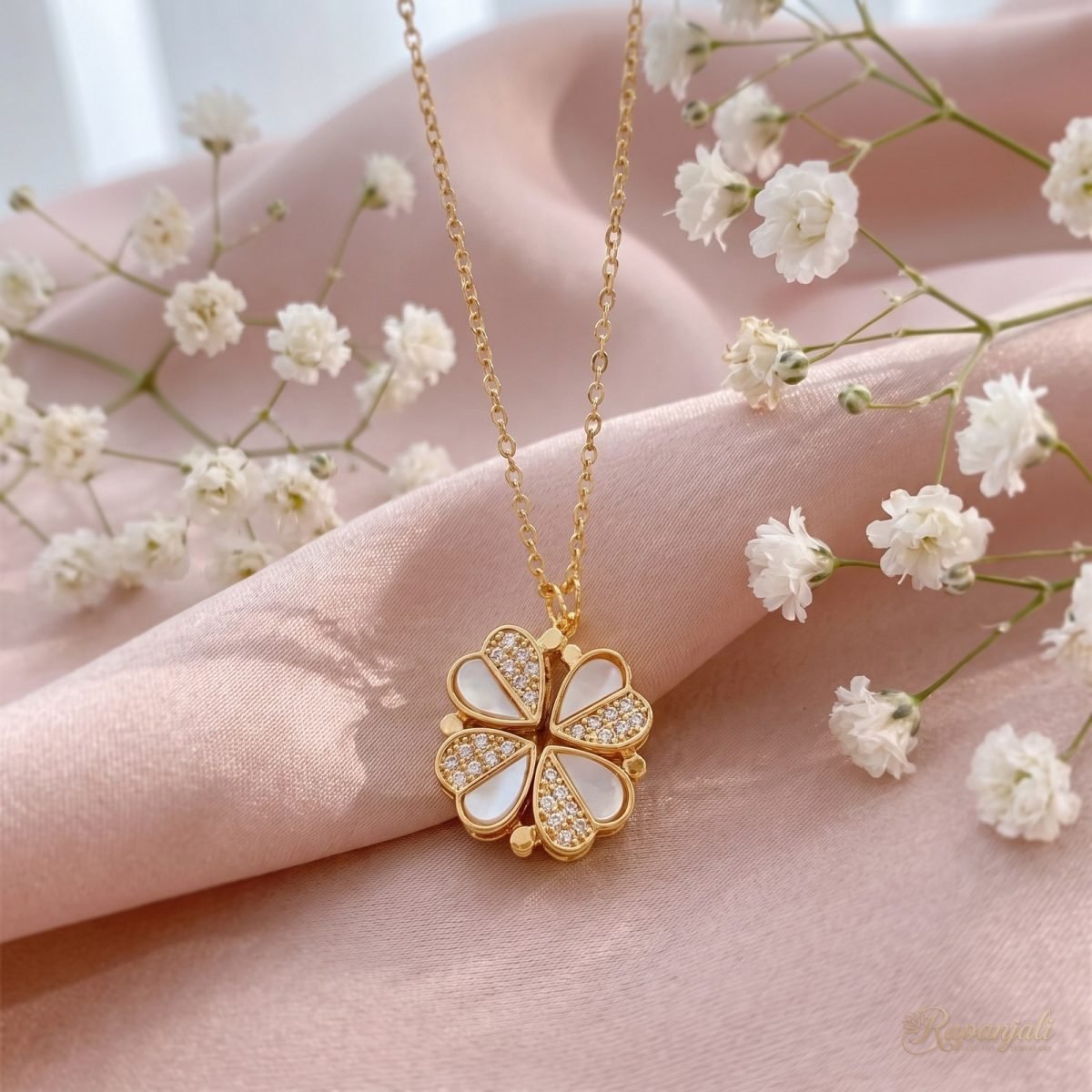 Dual Wear Heart Clover Necklace — Shell & Zircon Hearts 3