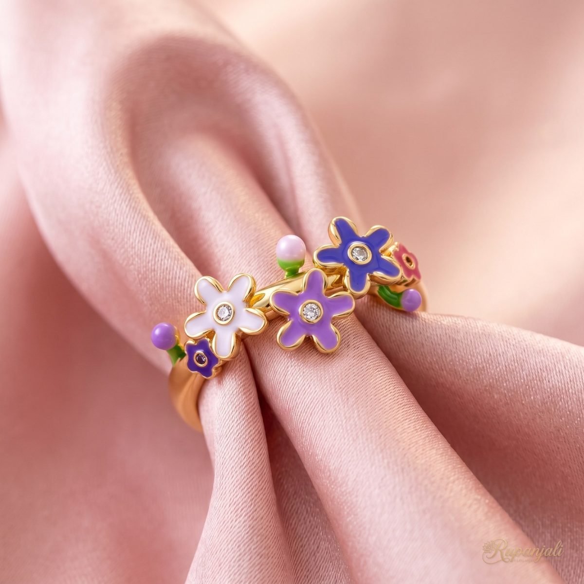 Violet Flower Cluster Ring — Enamel Blooms & Buds 4