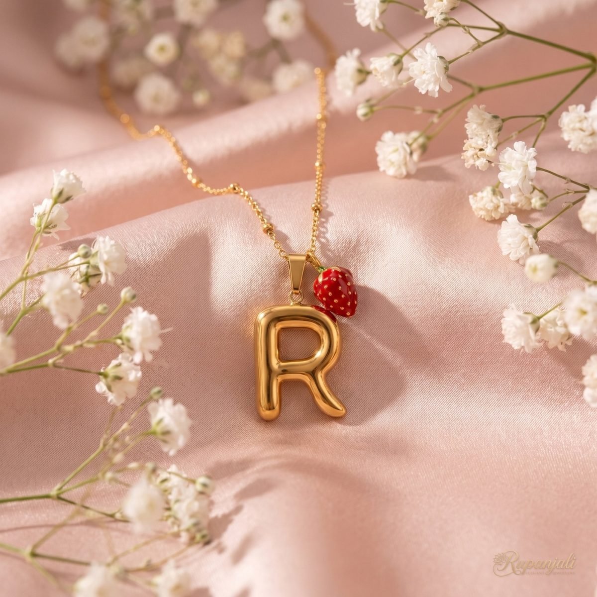 Letter R Strawberry Necklace — Bubble Initial Charm 3