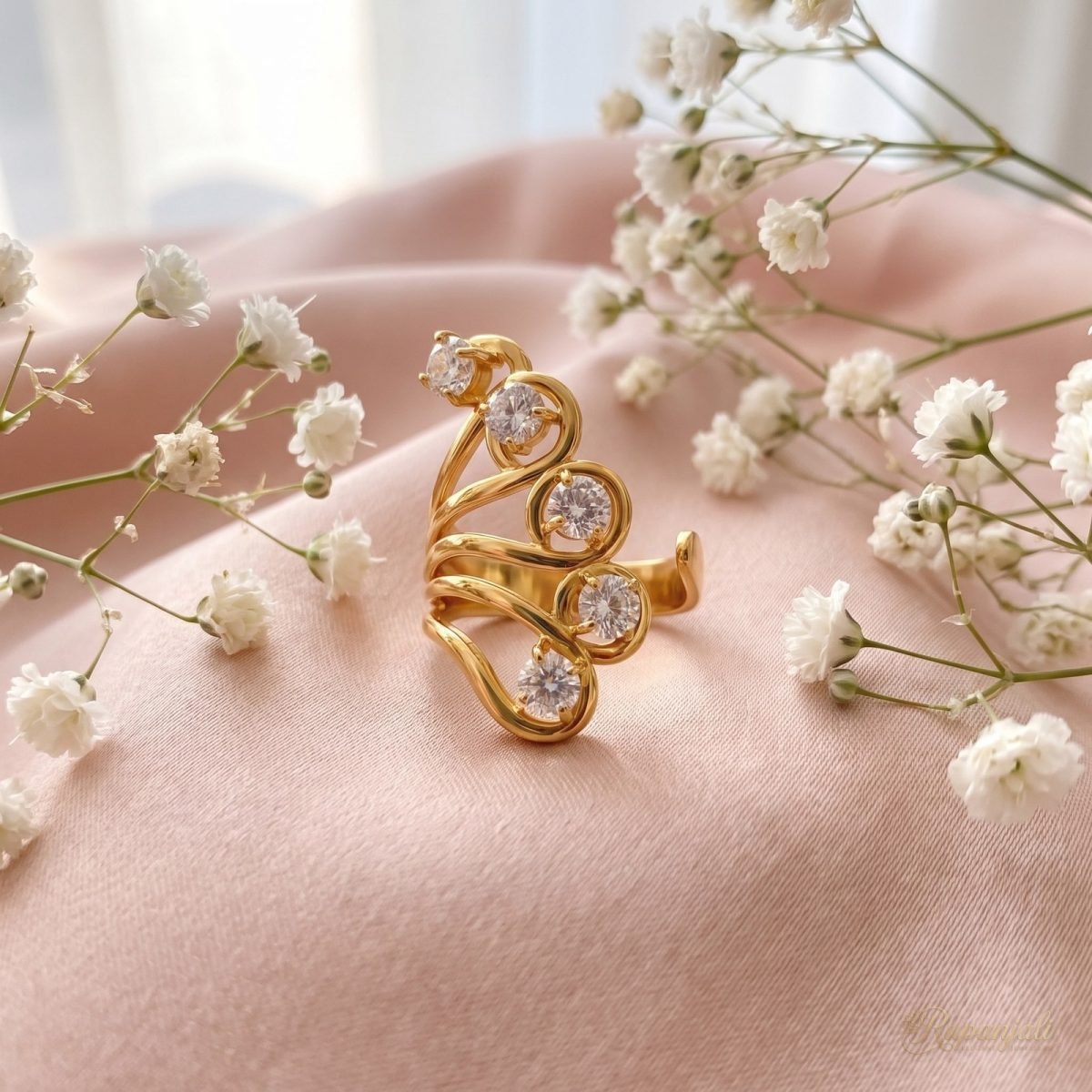 Swirl Zircon Statement Ring — Adjustable Gold Wave Design 3