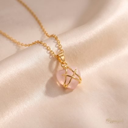 Rose Pink Heart Necklace — Gold Wrapped