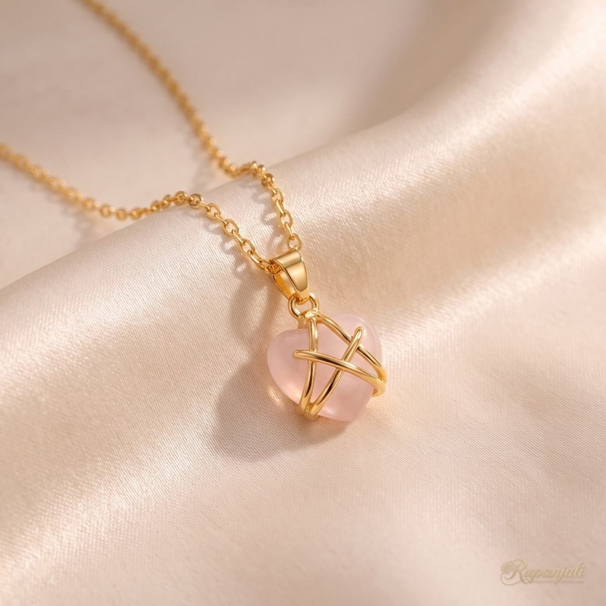Rose Pink Heart Necklace — Gold Wrapped 1