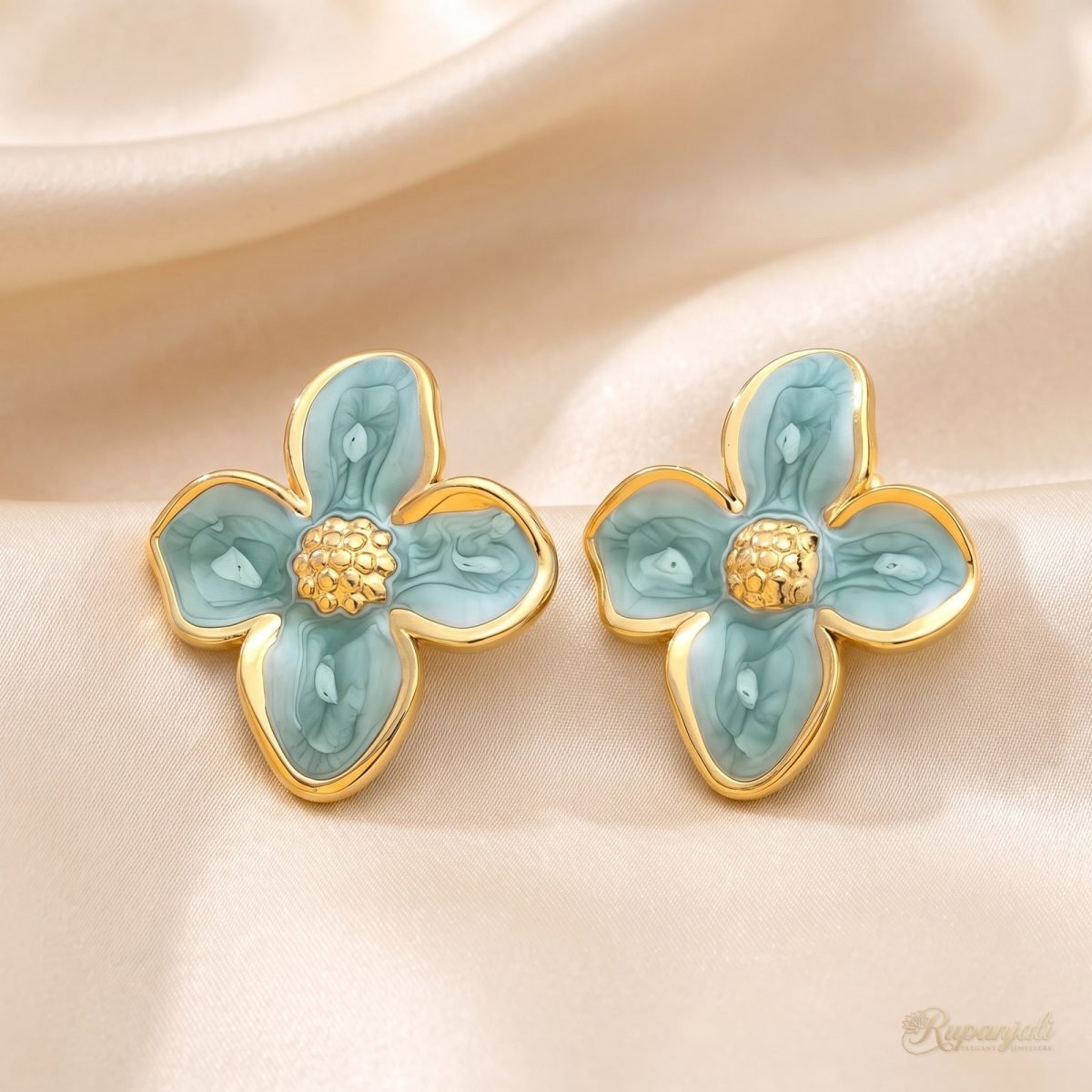 Aqua Enamel Flower Stud Earrings — Marbled Petals in Gold 1