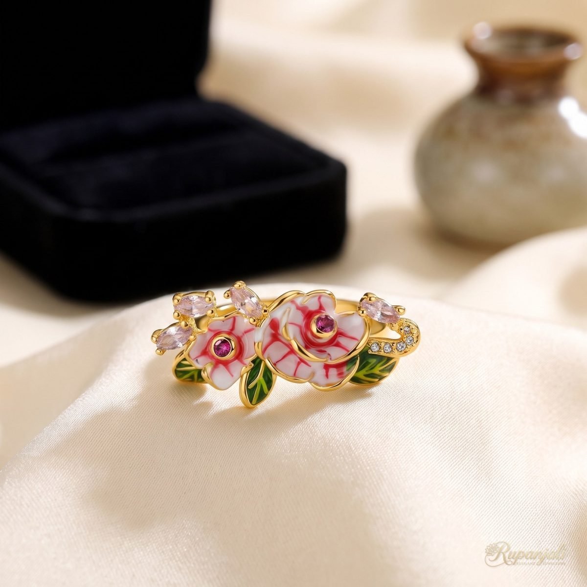 Enamel Rose Garden Ring — Striped Blooms & Pink Buds 2