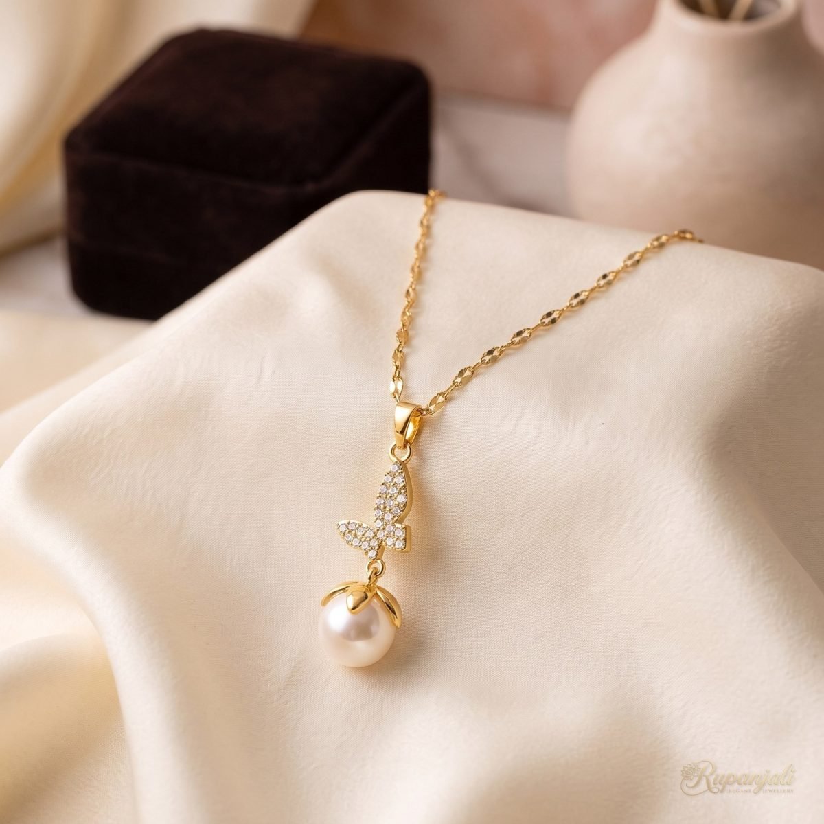 Butterfly Pearl Drop Necklace — Pave Wings on Lip Chain 2