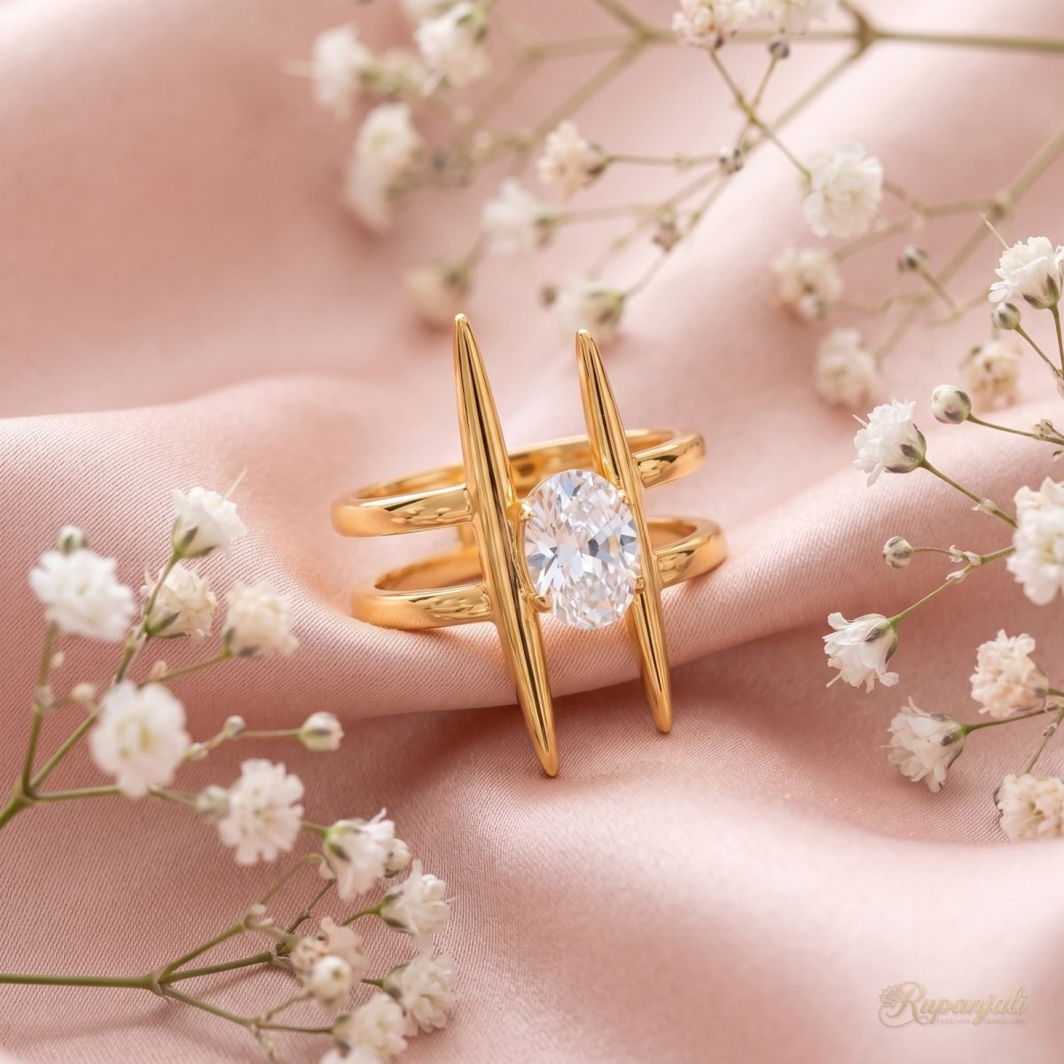 Geometric Spear Zircon Ring — 18K Gold Plated Double Band 3