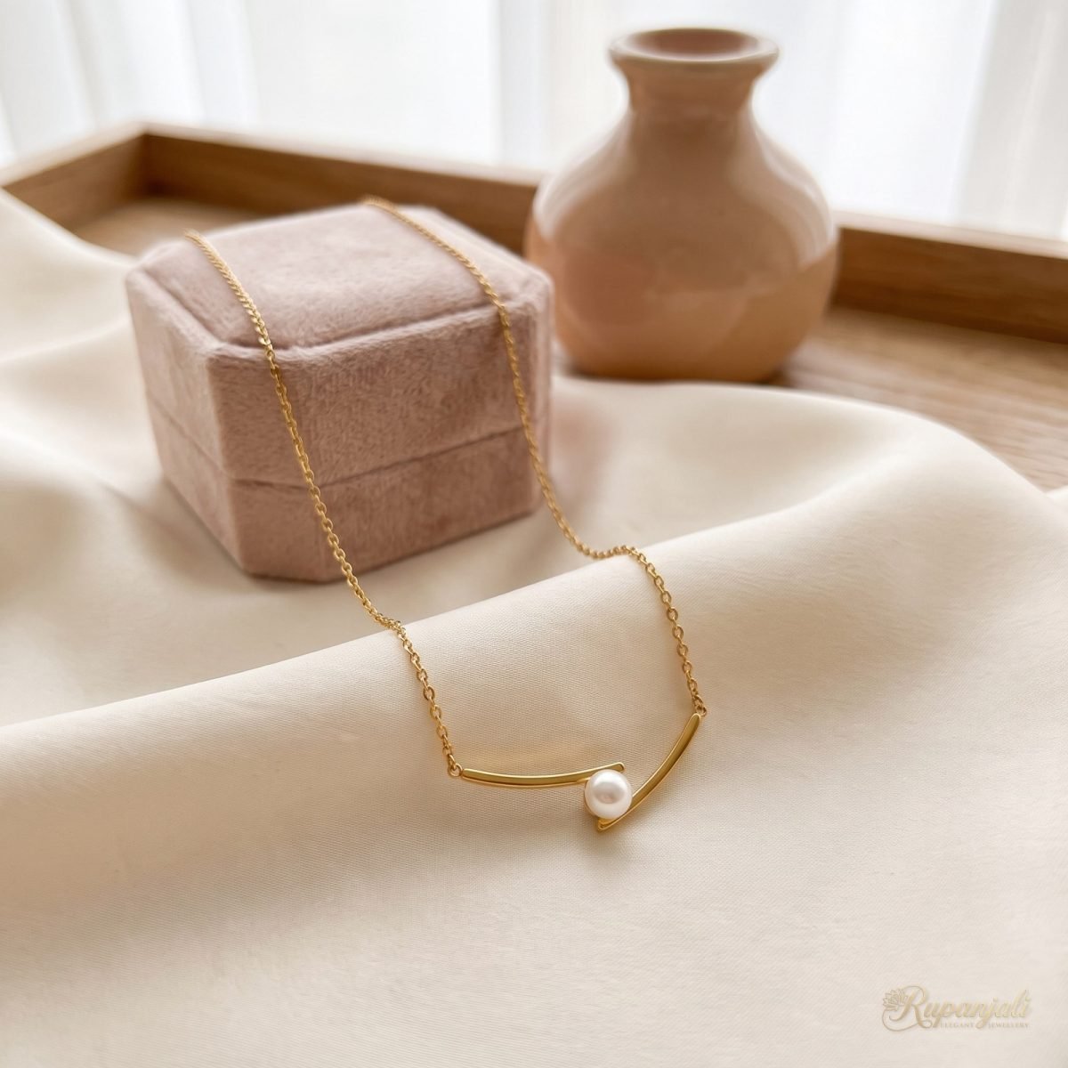 Pearl Bypass Bar Necklace — Minimalist Titanium Steel 2