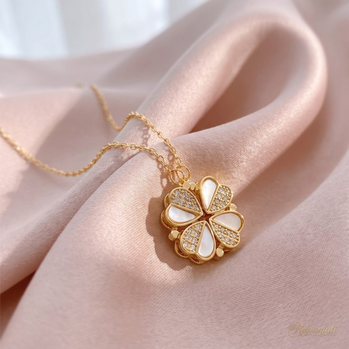 Dual Wear Heart Clover Necklace — Shell & Zircon Hearts 4