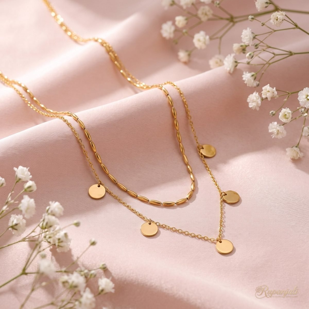 Double Layer Disc Necklace — Golden Dots 3