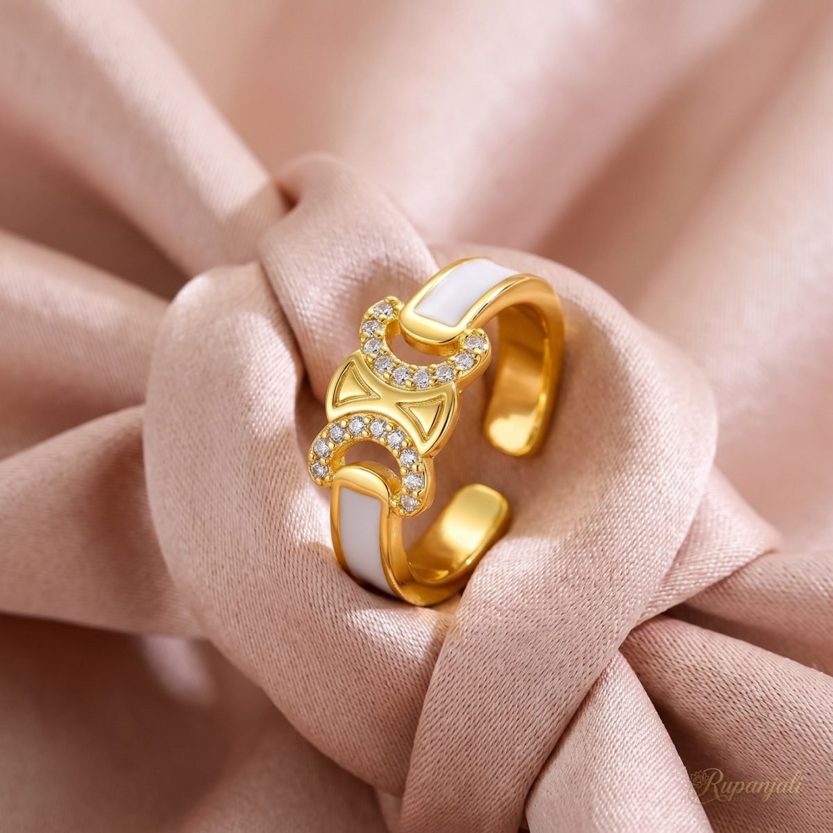 White Enamel Arc Ring — Pave Crescent Emblem 4