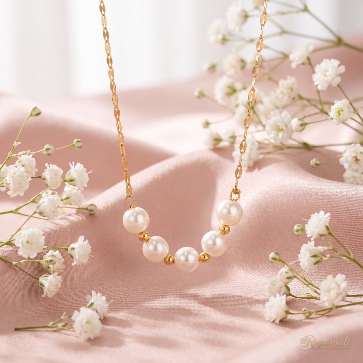 Smile Pearl Necklace — Five Pearls & Gold Spacers 3