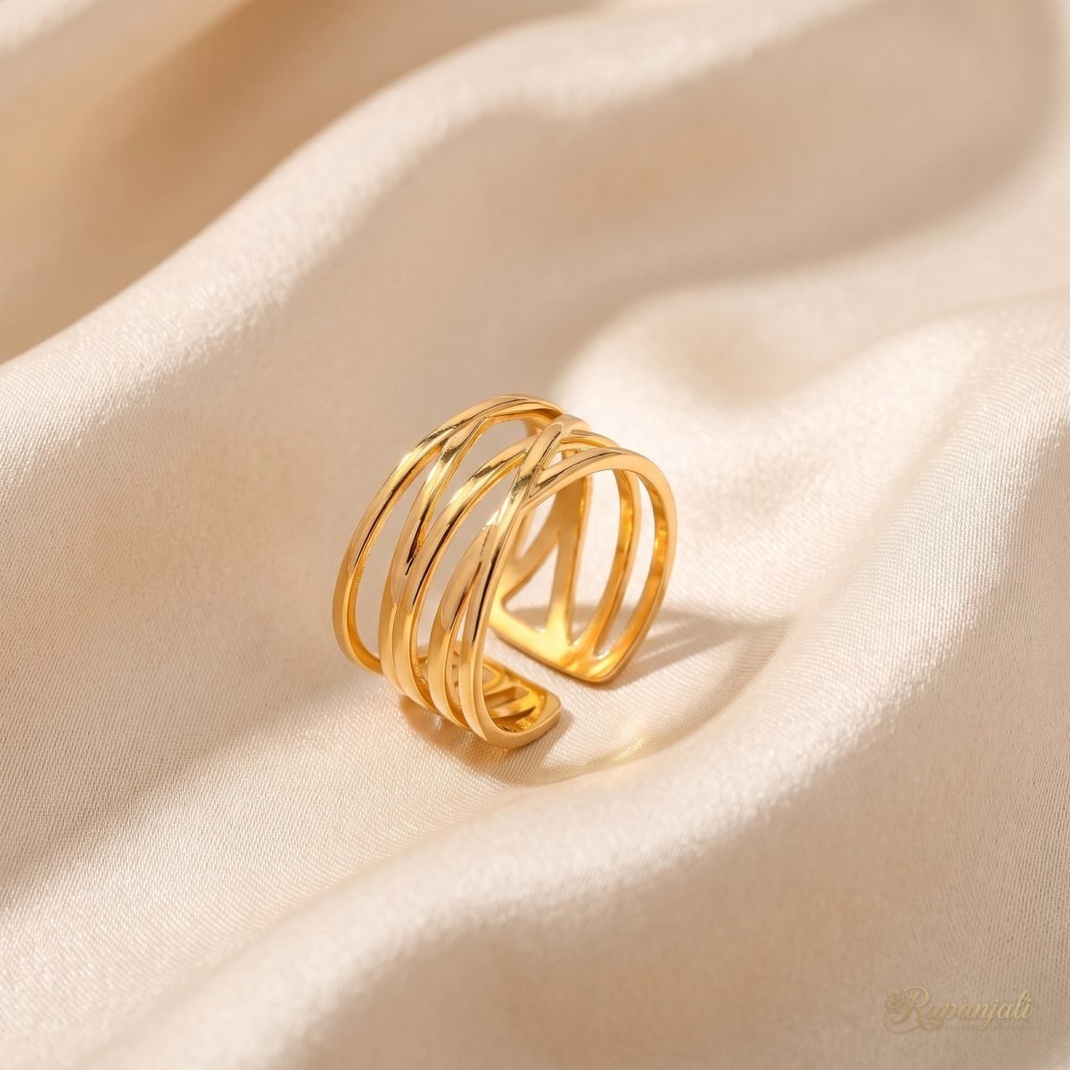 Gold Crossover Open Ring for Women — Woven Wide Band 1
