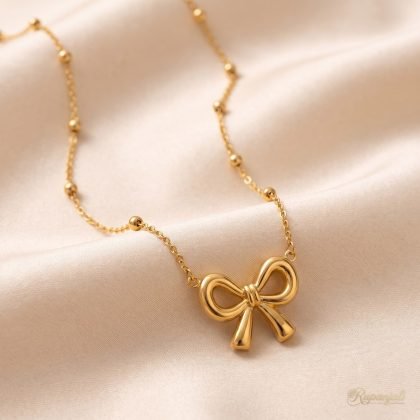 Gold Bow Necklace on Beaded Chain — Minimal Ribbon Charm