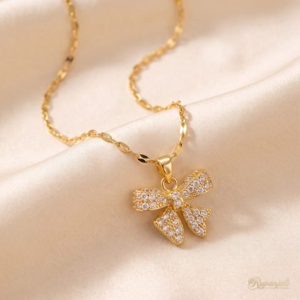 Gold Bow Pendant Necklace with Cubic Zirconia for Women