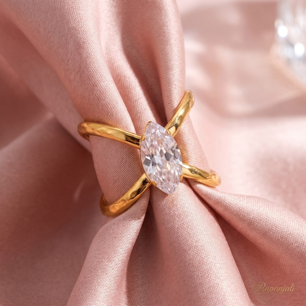 Gold Cross X Zircon Ring — Criss-Cross Marquise Statement 4