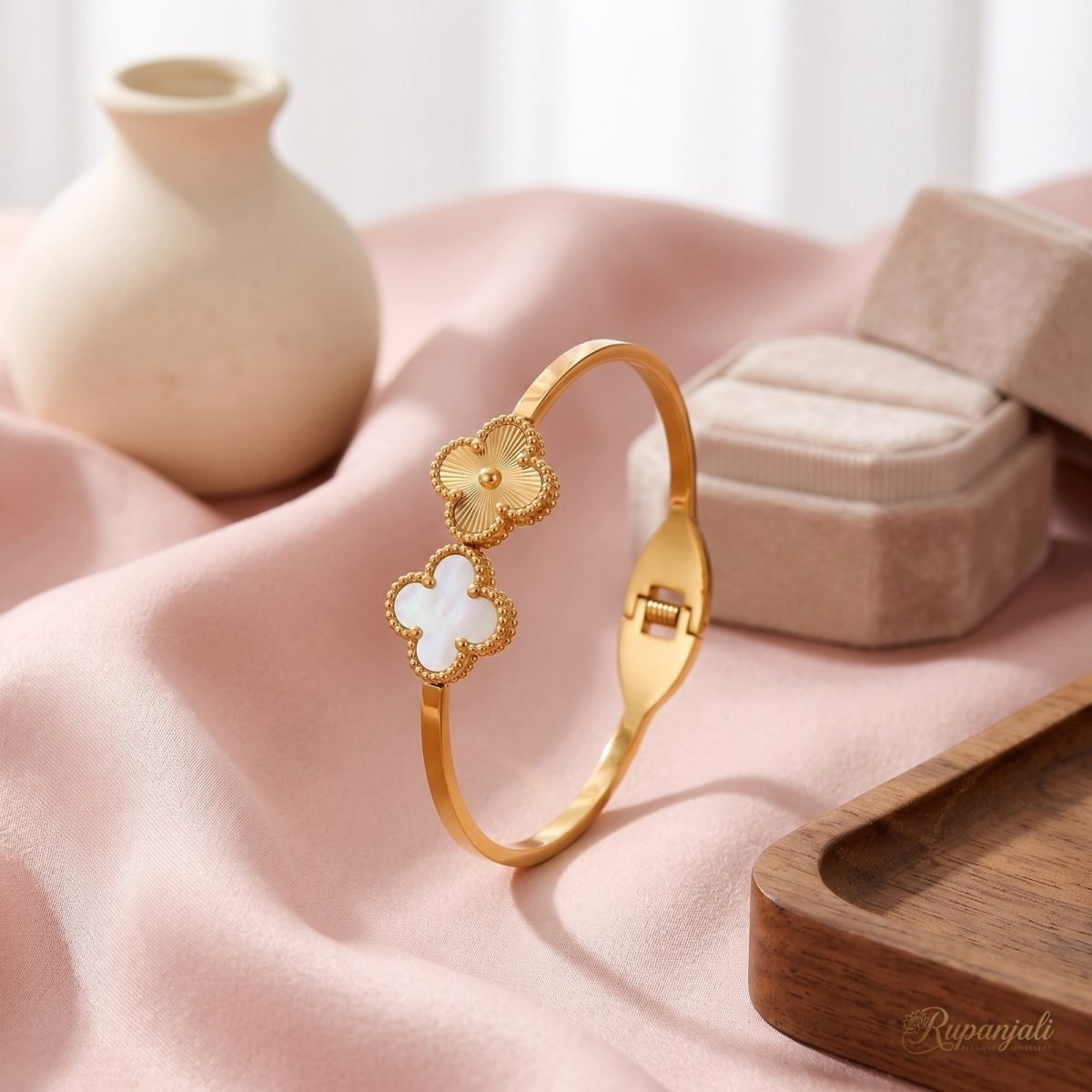 Gold Clover Bangle with Mother of Pearl — Spring Open Cuff 2