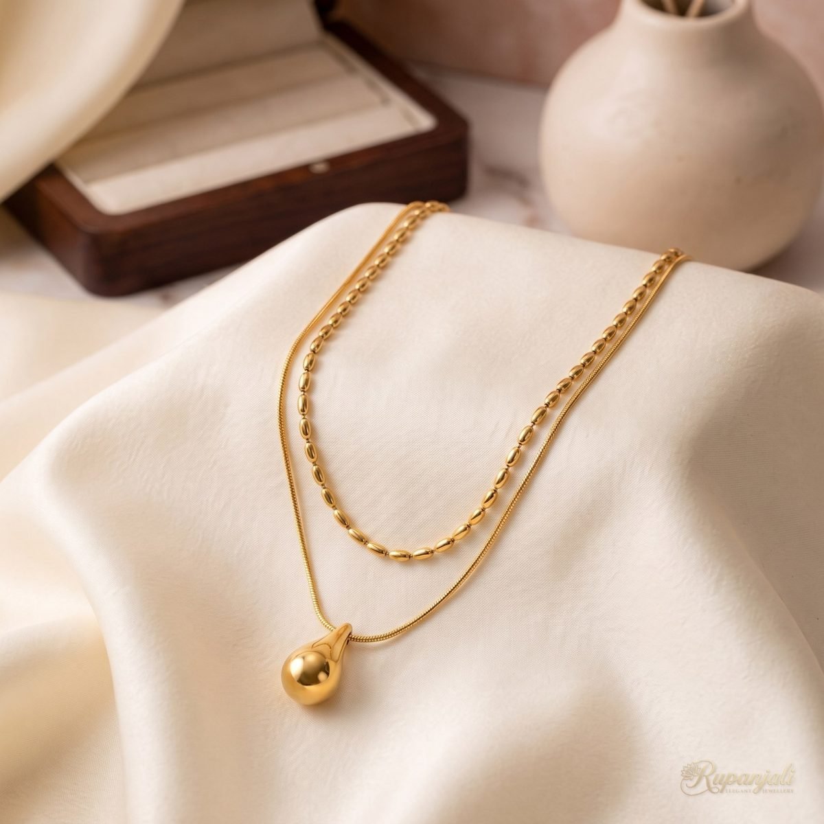 Double Layer Water Drop Necklace — Seed Bead & Snake Chain 2