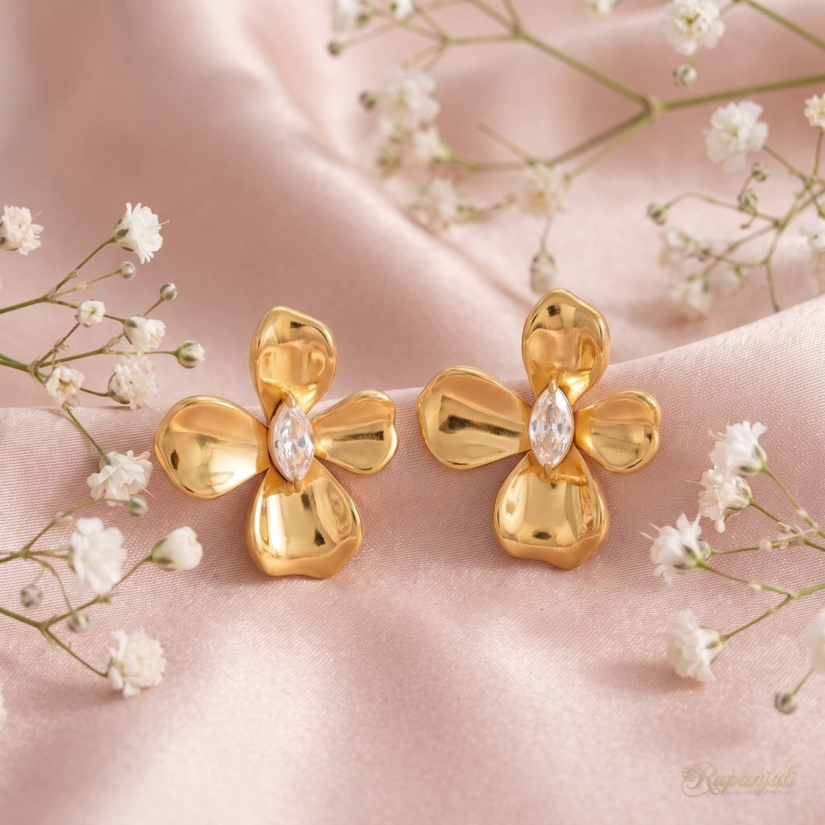 Gold Flower Stud Earrings with Marquise CZ for Women 3