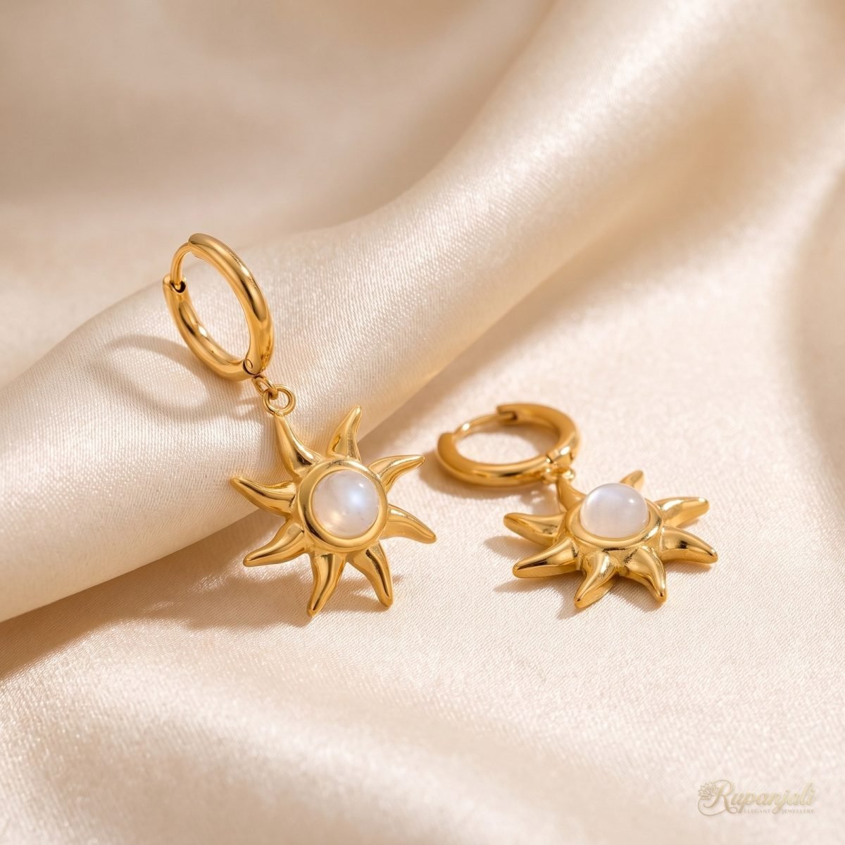 Gold Moonstone Sun Earrings for Women — Celestial Drops 1