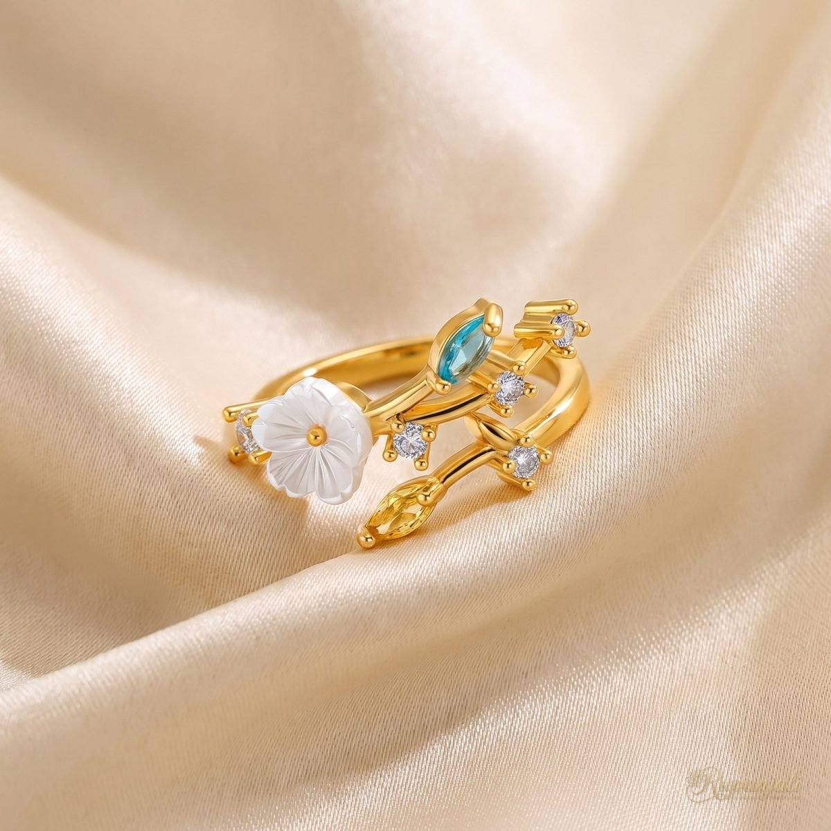 Blossom Vine Bypass Ring — Shell Flower & Marquise Buds 1