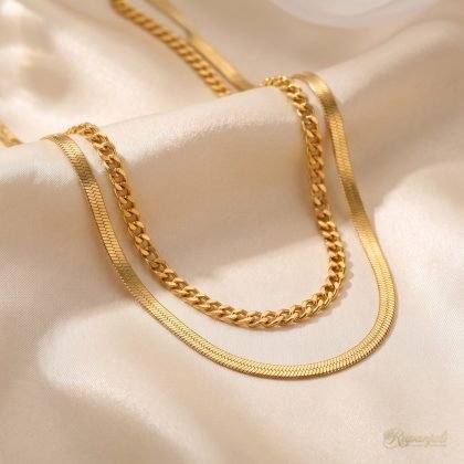 Gold Double Layer Chain Necklace — Snake & Curb Chain Set