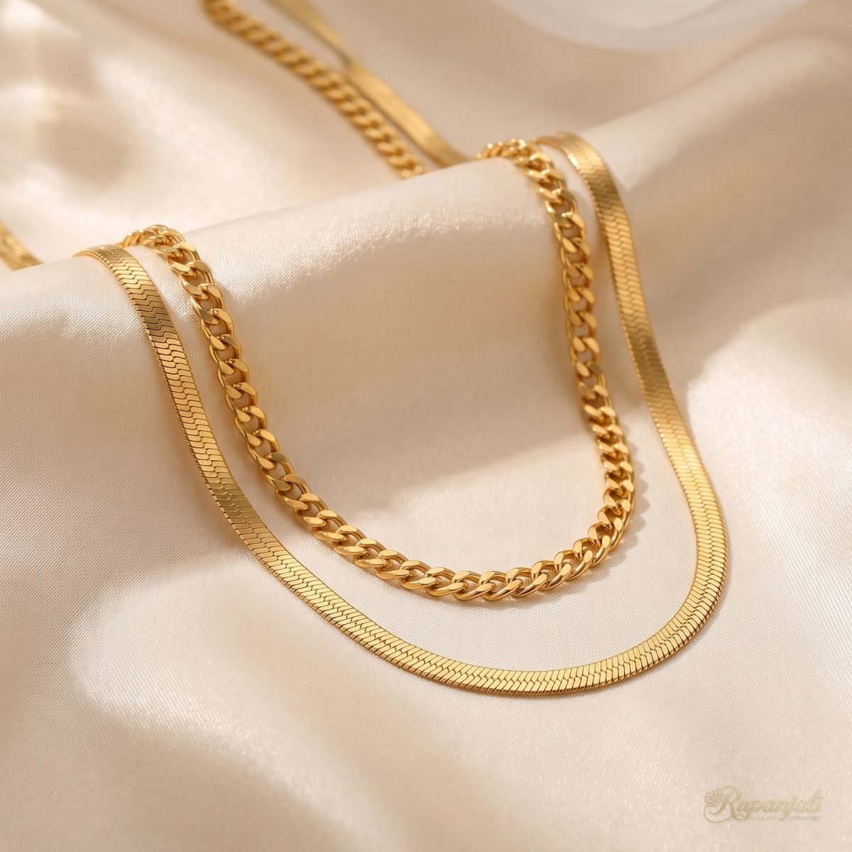 Gold Double Layer Chain Necklace — Snake & Curb Chain Set 1