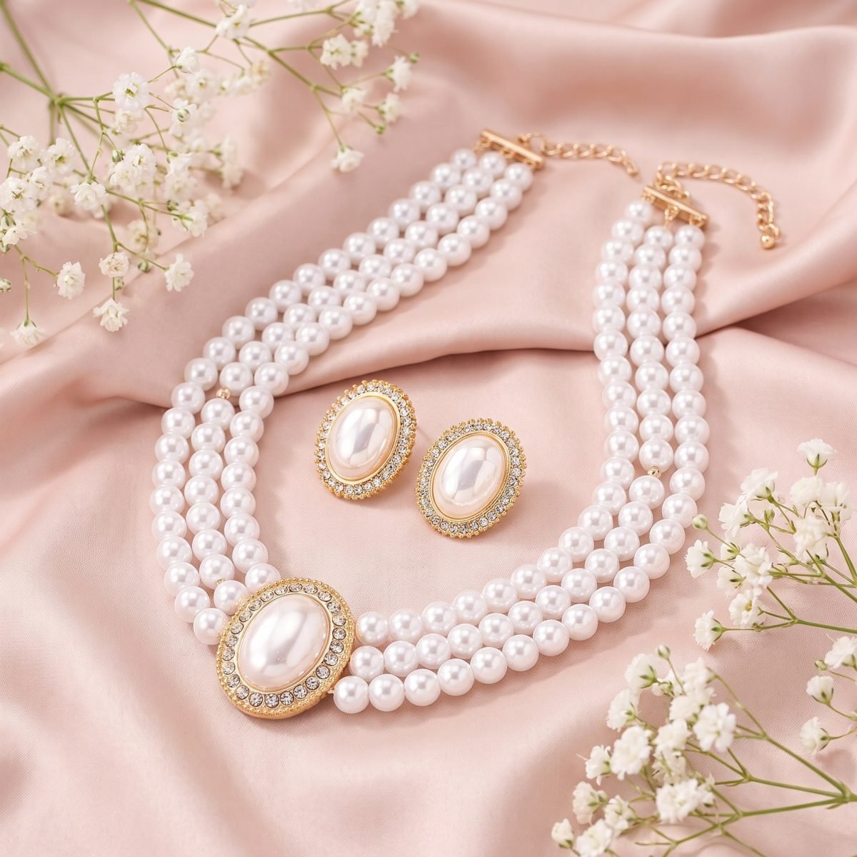 3-Strand Pearl Necklace & Earrings Set with Rhinestones for Women 1