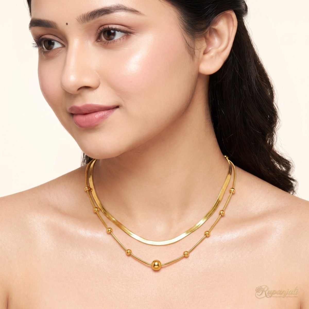 Double Layer Gold Necklace — Herringbone & Bead Snake Chain 5